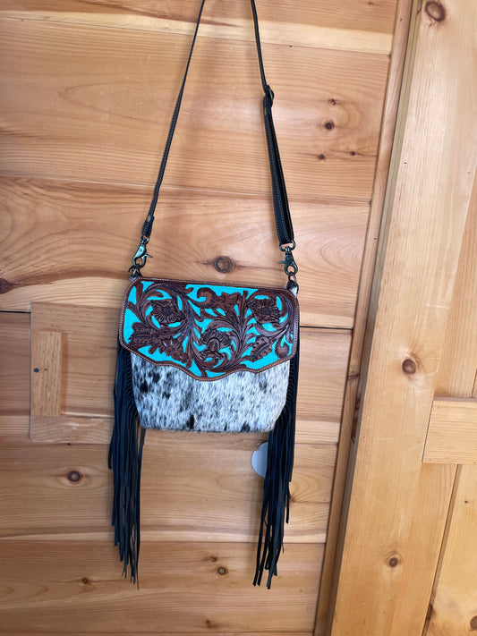 Turquoise Leather Inlay Cowhide Fringe Bag