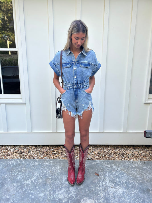 Jessie Distressed Denim Romper- Light Wash