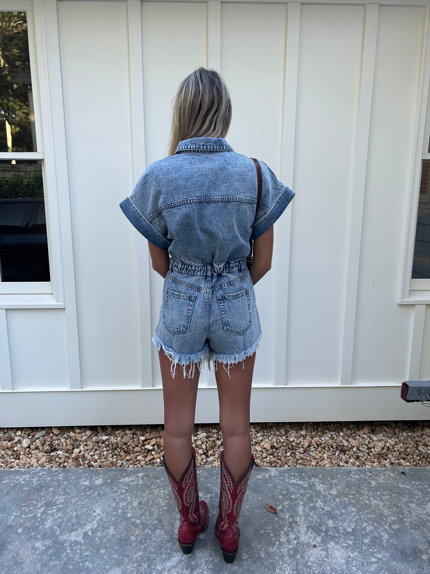 Jessie Distressed Denim Romper- Light Wash