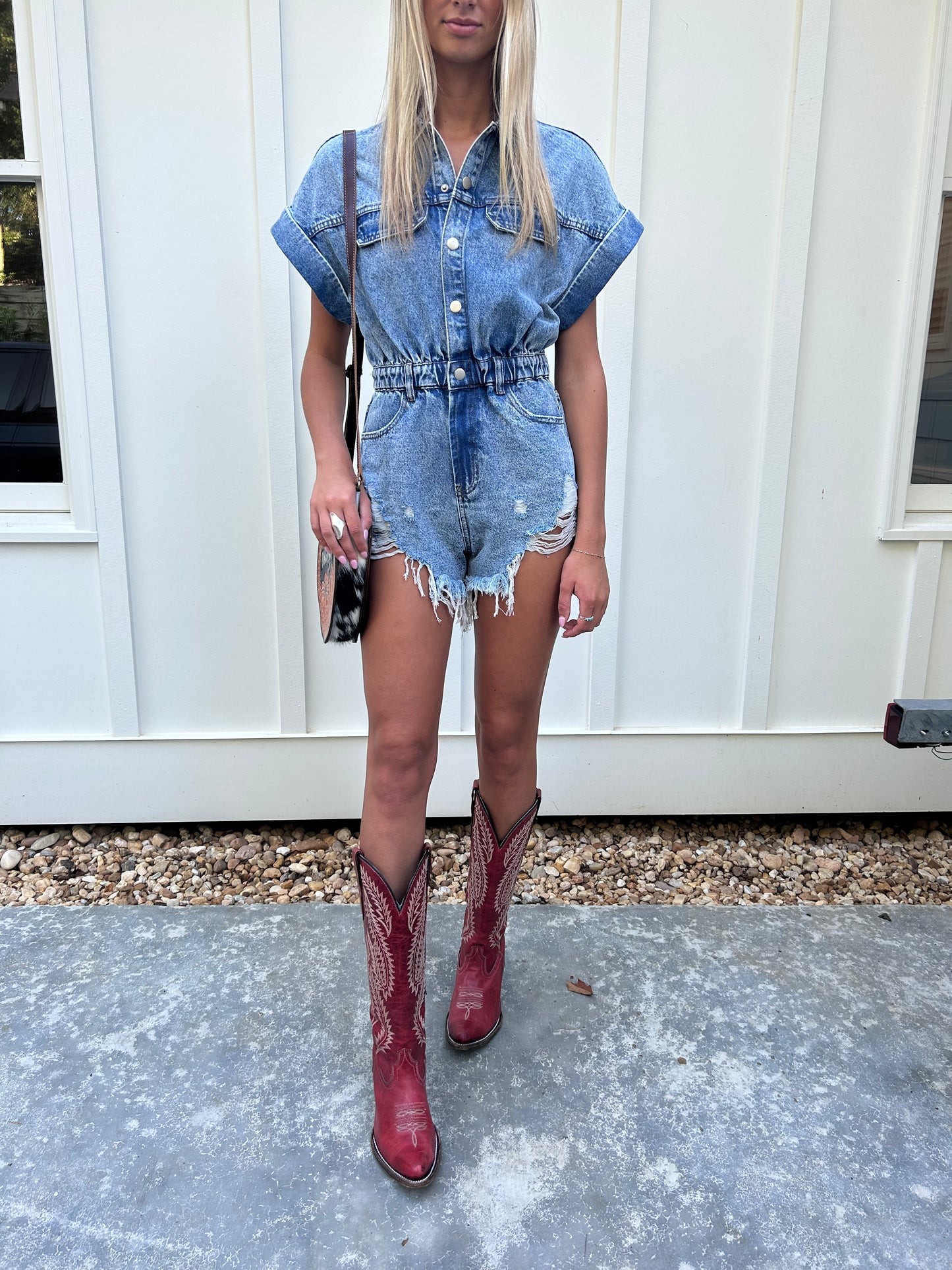 Jessie Distressed Denim Romper- Light Wash