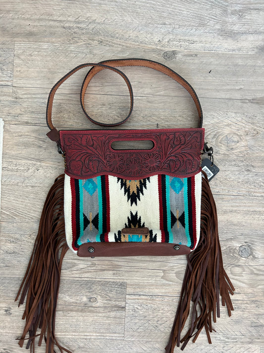 Red Tooled Leather Saddle Bag with Fringe- Large