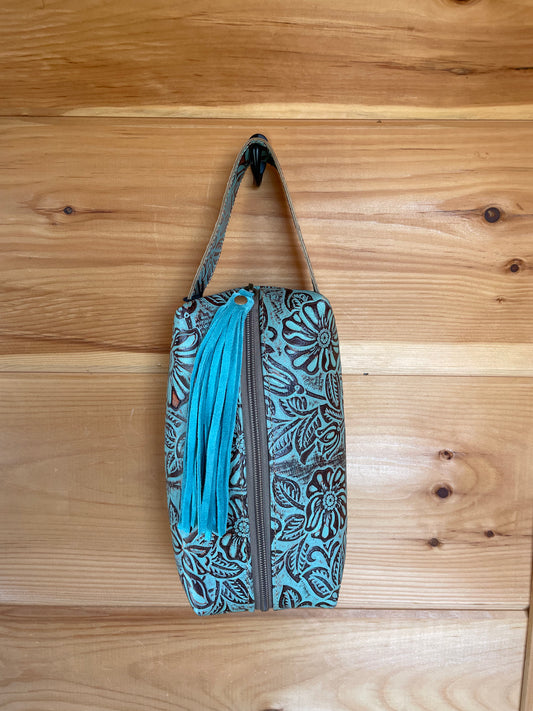 Turquoise Tooled Leather Inlay Makeup Bag