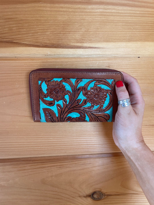 Turquoise Inlay Hand Tooled Leather Zipper Wallet