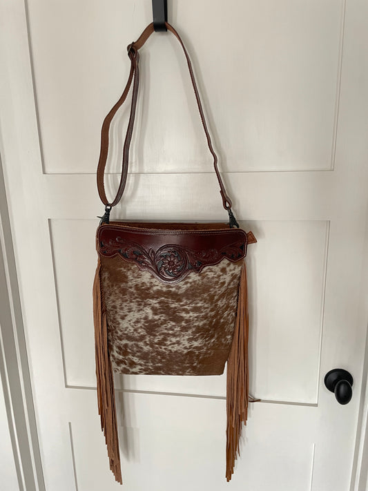 Cowhide Fringe Bag with Leather Floral Inlay