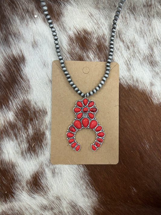 Red Navajo Squash Blossom Necklace